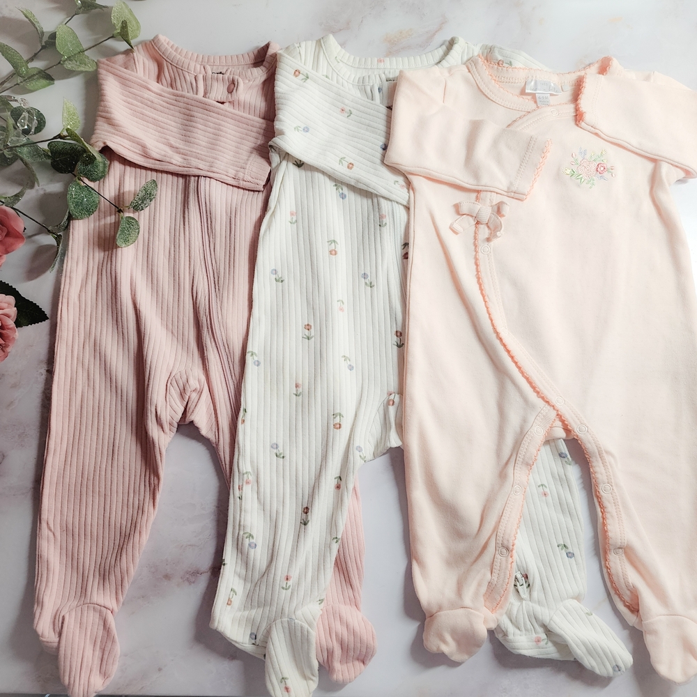 Pink and Cream Baby Girl Pajama Footies / Playsuits, 6-9 Months